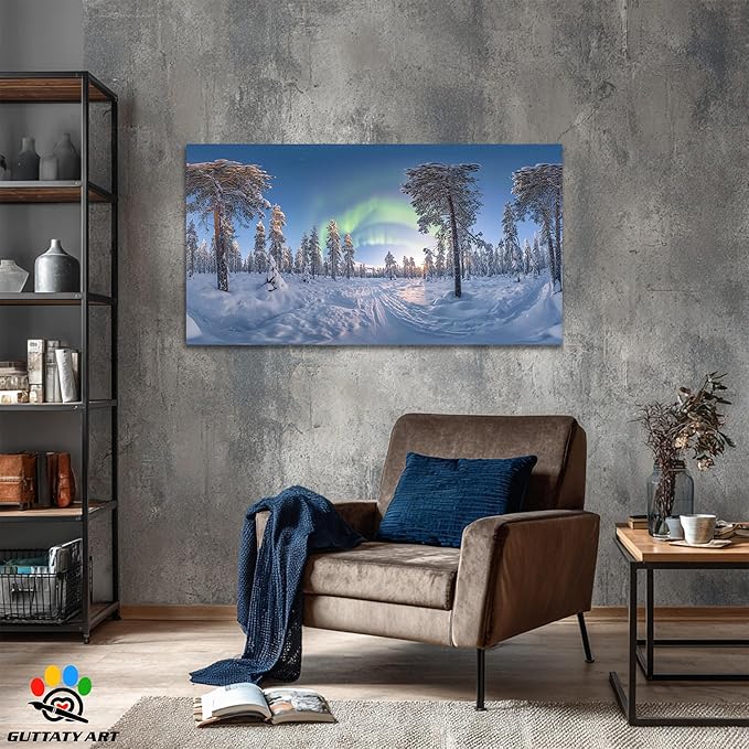 GUTTATY Christmas Winter Canvas Wall Art, Northern Lights Winter Scene Canvas Prints, Snowy Forest Landscape Poster Picture, Holiday Artwork for Living Room, Bedroom, Office, 60x30 Inch