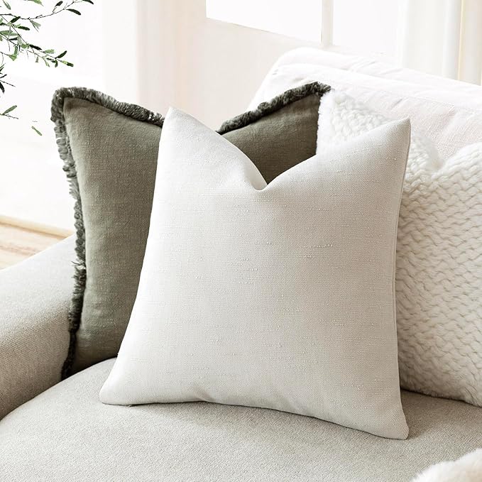 Foindtower Pack of 2 Soft Textured Chenille Throw Decorative Pillow Covers Square Accent Solid Cushion Cover Neutral Farmhouse Pillow Case for Couch Sofa Bedroom Living Room 22x22 Inch, Ivory White