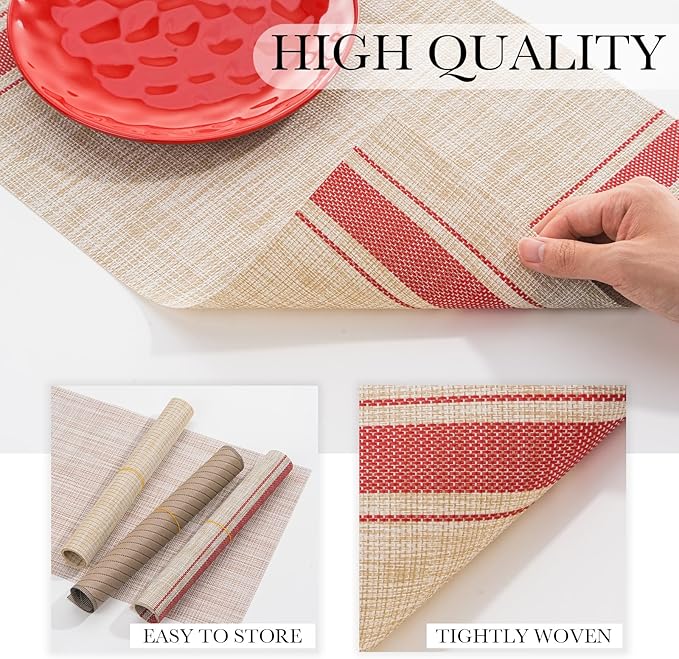 BACKTOEDEN Placemats Set of 8 Heat Resistant Washable Wipeable Placemat Woven Non-Slip Foldable Vinyl/Plastic Place Mats Indoor/Outdoor Mat Kitchen Dining Table Pad, Red Skyline