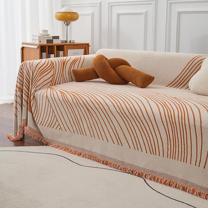 VClife XL Sofa Cover Chenille Couch Cover for 3 Cushion Couch Sofa, Modern Beige Caramel Striped Couch Covers for Kids Washable Sectional Sofa Protector with Tassel 71"X134"