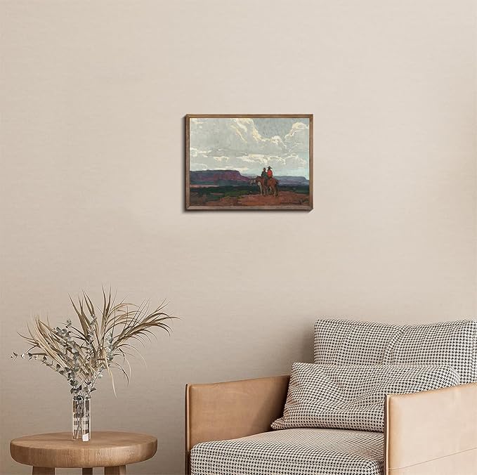 XOCUUI Western Cowboy Unframed Canvas Wall Art Vintage Print Oil Paintings, Horse Rider At Sunset Print Rustic Mountain Landscape Painting, Mid Century Antique Moody Retro Artwork Wall DéCor(8"X10")