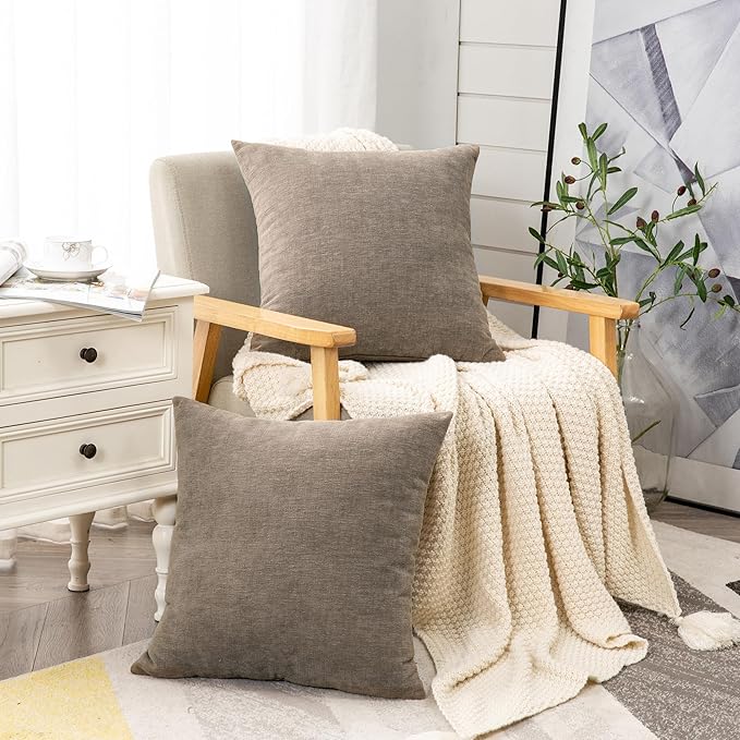 GAWAMAY Decorative Square Throw Pillow Covers 20"x20" Inch Set of 2, Super Soft Chenille Pillows Farmhouse Fall Pillowcase for Living Room Bedroom Sofa Couch Cushion Cover Taupe Grey 50x50cm