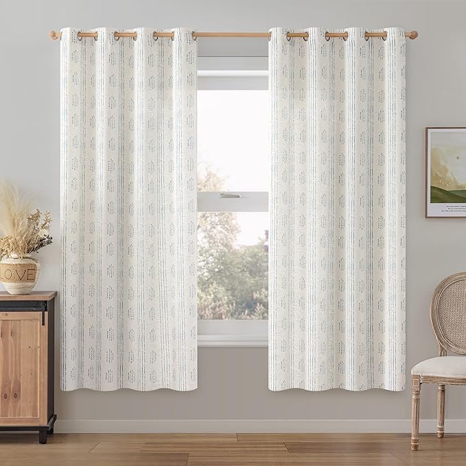 Boho Linen Curtains for Bedroom Living Room Blue Farmhouse Boho Curtains 63 Inch Length Geometric Striped Patterned Mudcloth Grommet Top Light Filtering Window Drapes 2 Panels Blue on Beige