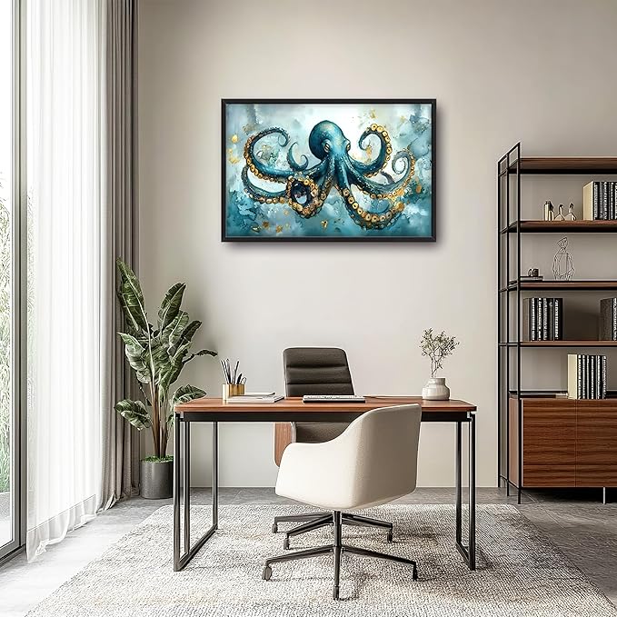 Octopus Large Decor Framed Wall Art Blue and Gold Pictures for Living Room, Ocean Nautical Oversized Canvas Print Painting Modern Extra Large Framed Artwork for Bedroom Office Home Decor 36"x24"
