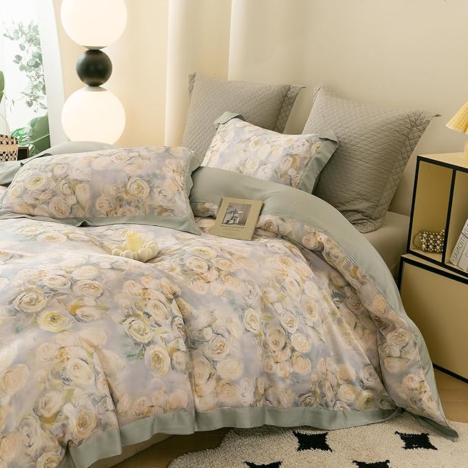 ECOCOTT Bedding 3-Piece Duvet Cover Queen Size, Silky Soft 100% Lyocell, Hypoallergenic & Eco-Friendly Whispering Roses Bedding, Cooling & Breathable for Hot Sleepers, Dreamy Floral Pattern