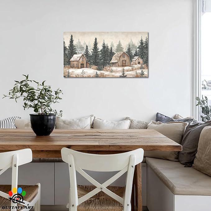 GUTTATY Christmas Winter Scene Canvas Wall Art, Rustic Barn and Forest Wall Paintings, Snowy Holiday Pictures Prints, Cozy Seasonal Canvas Artwork Poster for Living Room Bedroom, 40x20 Inch