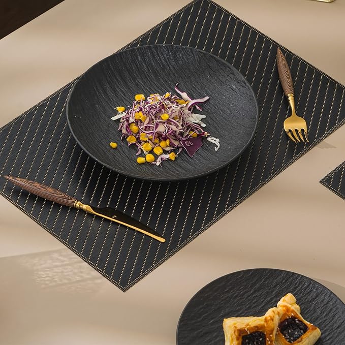 BACKTOEDEN Placemats Set of 6 Heat Resistant Washable Wipeable Placemat Woven Non-Slip Foldable Vinyl/Plastic Place Mats Indoor/Outdoor Mat Kitchen Dining Table Pad, Black Twill