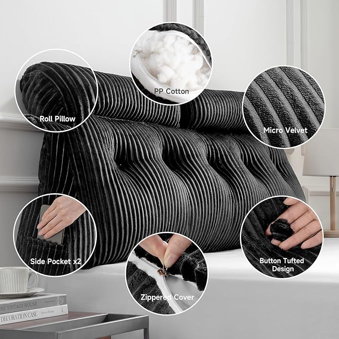 Z-hom Large Wedge Pillow Headboard, King Triangular Headboard Pillow, Reading Pillow Standard Bed with a Roll Pillow for Bed Sitting Up Sleeping, Backrest Cushion Headboard Gap Pillow for Back, Black