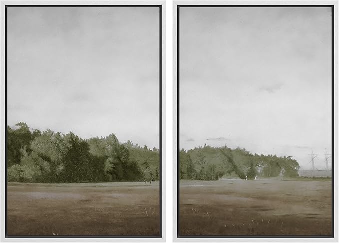 SIGNWIN Framed Canvas Print Wall Art Set Green Mountain Hill Forest Landscape Nature Wilderness Illustrations Fine Art Farmhouse/Country Minimal for Living Room, Bedroom, Office - 16"x24"x2 White