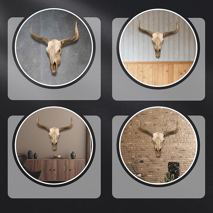 rzoizwko Cow Skull Wall Decor, Faux Longhorn Skull Wall Hanging, Bull Head Wall Sculpture, Rustic Western Farmhouse Faux Taxidermy Animal Head, Large 27"x25" Resin Steer Decoration