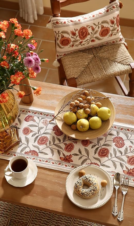 ISAENNE Designer Elegant Linen Table Runner 118 Inches Extra Long,Vintage Orange Floral Pattern Table Runners for Dining Tables,Kitchen Decor,Thanksgiving,Christmas,Banquet,12"*118"-Alvarado A