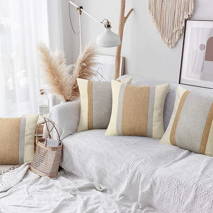 Pyonic Pack of 2 Boho Pillow Covers Farmhouse Decorative Square Pillowcases for Couch Sofa Living Room Outdoor Decor,Cream White and Grey,18 x 18-Inch