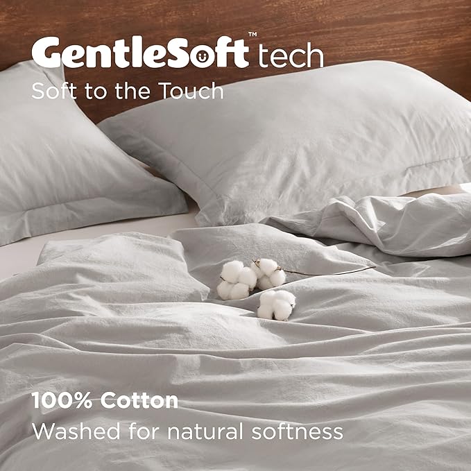 Bedsure 100% Washed Cotton Duvet Cover Queen Size - Light Grey Minimalist Cotton Duvet Cover Linen Like for All Seasons - GentleSoft™ Plain Simple Bedding (Queen, 90"x90")