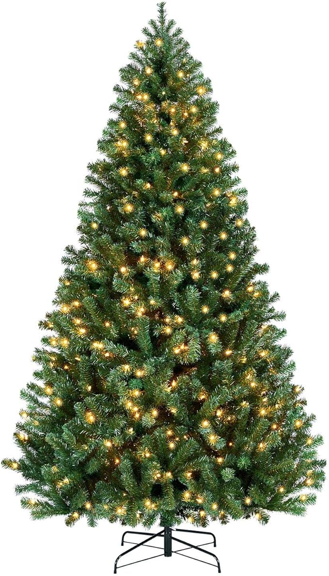 Yaheetech 7.5ft Pre-lit Spruce Artificial Hinged Christmas Pine Tree Prelighted Holiday Xmas Tree for Home Party Decoration with 550 Warm White Lights and 1354 Branch Tips, Green