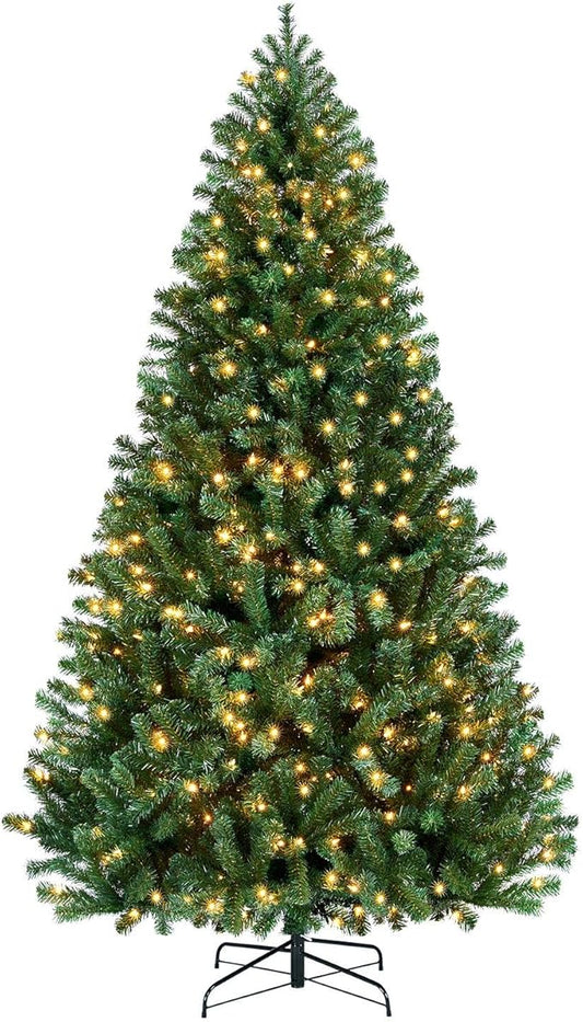 Yaheetech 7.5ft Pre-lit Spruce Artificial Hinged Christmas Pine Tree Prelighted Holiday Xmas Tree for Home Party Decoration with 550 Warm White Lights and 1354 Branch Tips, Green