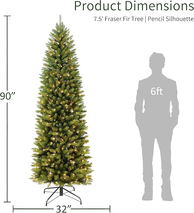 Puleo International 7.5ft Pre-Lit Slim Fraser Fir Christmas Tree with 350 Clear Lights, 1188 Realistic Dense Branch Tips, Easy Setup Artificial Trees with Sturdy Metal Stand