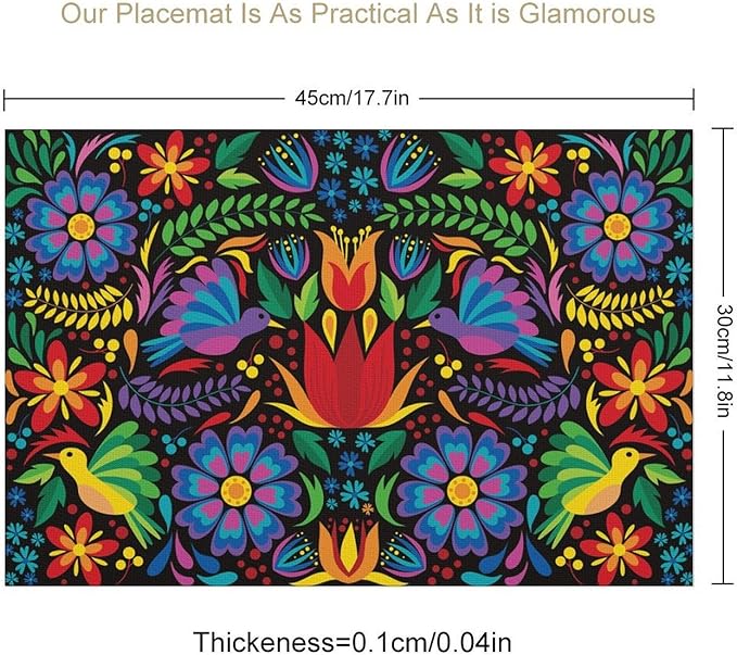 Mexican Flroal Birds Placemat Set of 4, 12x18 Inch Black Colorful Mexico Floral Fiesta Birds Talavera Dia De Los Muertos Day of The Dead Coffee Table Mats for Outdoor Kitchen Dining Table Decoration
