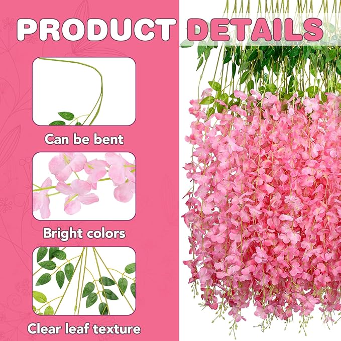 Wisteria Hanging Flowers,Fake Hanging Flowers,Wisteria artificiales Garland for Home Wedding Arch Floral Party Garden Ceremony Outdoor Decor,3.6 feet Long(25,Pink)