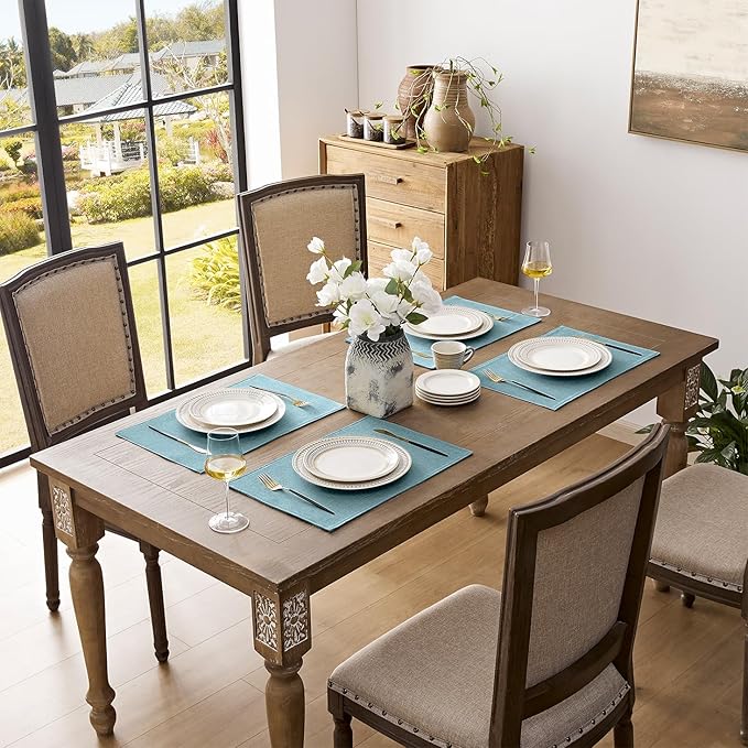 Romanstile Cloth Placemats Set of 6-12 x 18 Inch, Heat Resistant Double Layered Thickened Burlap Place Mats, Washable Linen Farmhouse Table Mats for Kitchen/Dining/Party/Outdoor, Teal