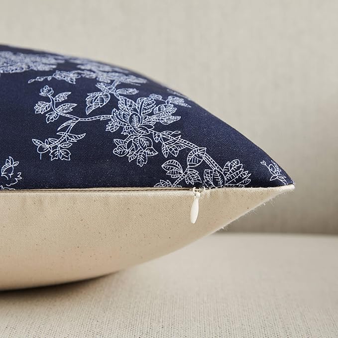 100% Cotton French Pastoral Throw Pillow Covers Set of 2, 18x18 Inch Background/Blue Farmhouse Decorative Cushion Covers for Sofa Bed Living Room Home Decor
