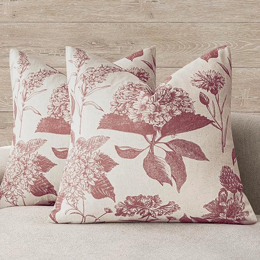 Foindtower Set of 2 Linen Floral Throw Pillow Covers Vintage Accent Print Decorative Cushion Covers Farmhouse Boho Home Decor for Sofa Chair Couch Bedroom Living Room,18×18 Inch,Dark Pink