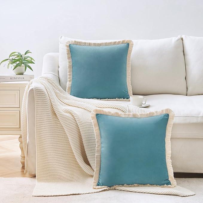 MONDAY MOOSE Decorative Throw Pillow Covers Cushion Cases, Set of 2 Soft Velvet Modern Fringe Tassel Designs, Mix and Match for Home Decor, Pillow Inserts Not Included (Teal Blue, 18x18 inch)