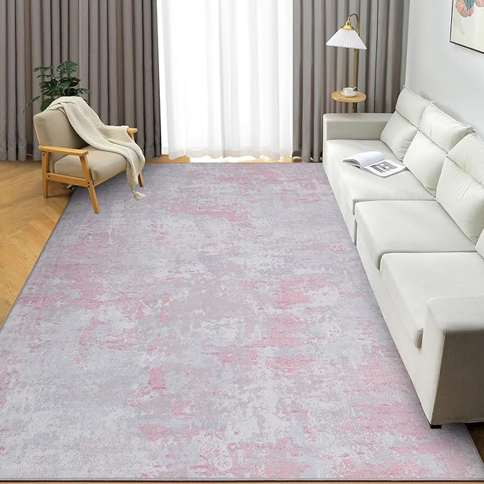 Modern Abstract Area Rug 5x7 Non Slip Non Shedding Rug Low Pile Stain Resistant for Bedroom Living Room,Grey Pink