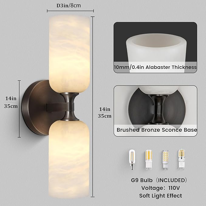 Alabaster Wall Sconce 14in Antique Brass Sconces Wall Lighting, Imported Alabaster Modern Marble Bathroom Vanity Sconces, Black Sconce Wall Decor, For Bedroom Living Room Staircases Hallway Foyer