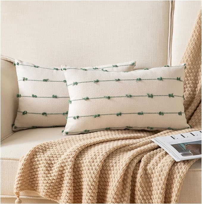 Caflife Boho Throw Pillow Covers 12x20 inches Beige and Green, Set of 2 Modern Farmhouse Decorative Pillow Covers for Couch Bed, Living Room