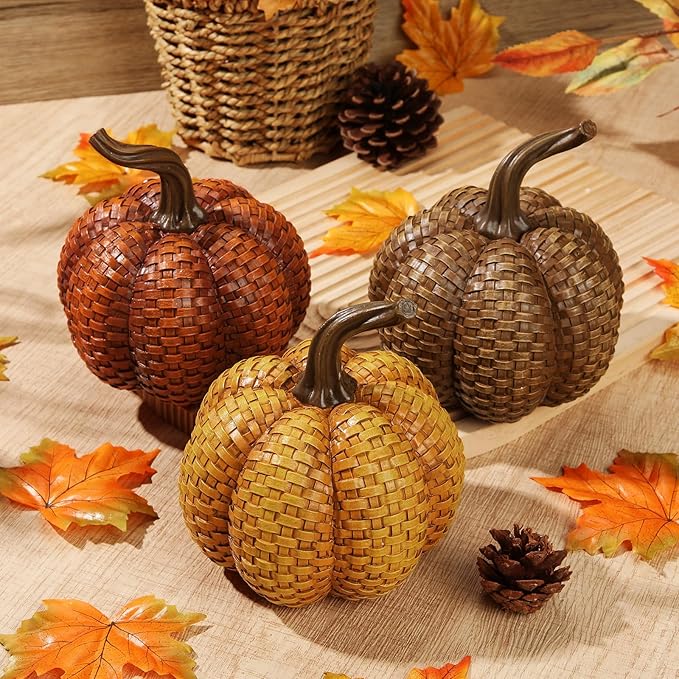 Hollyone Fall Pumpkins Decor, 3PCS Rattan Resin Pumpkins for Decorating Figurines Decorative Pumpkin for Home Autumn Harvest Thanksgiving Halloween Party Wedding Table Centerpiece Indoor Decor