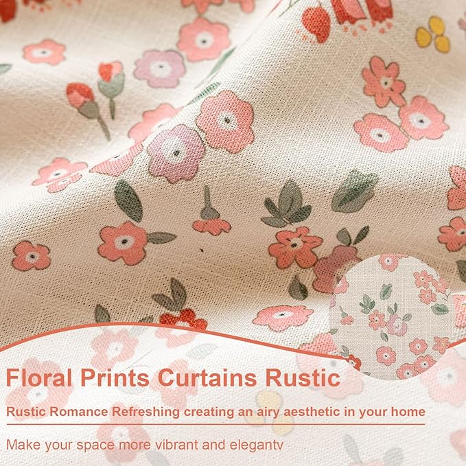OYX Pink Boho Farmhouse Floral Curtains 63 Inch Long 2 Panels For Living Room, Flower Girl Bedroom Light Filtering Drapes, Vintage Country French Patterned Rod Pocket Aesthetic Decor Window Treatments