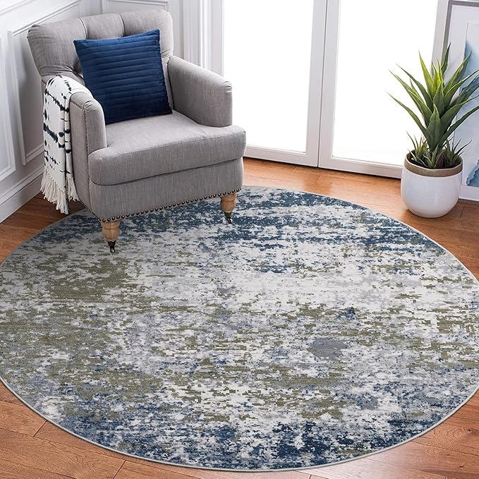 Modern Abstract 4x4 Round Area Rug Non Slip Non Shedding Rug Low Pile Stain Resistant for Bedroom Living Room Office Dining Room,Navy