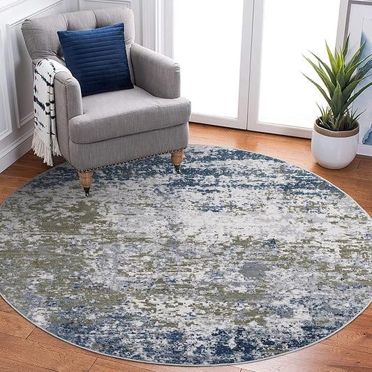 Modern Abstract 6x6 Round Area Rug Non Slip Non Shedding Rug Low Pile Stain Resistant for Bedroom Living Room Office Dining Room,Navy