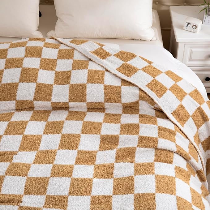 YIRUIO Throw Blanket Checkered Chessboard Fluffy Fuzzy Warmer Comfort Reversible Super Soft Cozy for Home Decor Bed Couch Sofa Living Room (Burnt Orange, 51''x63'')