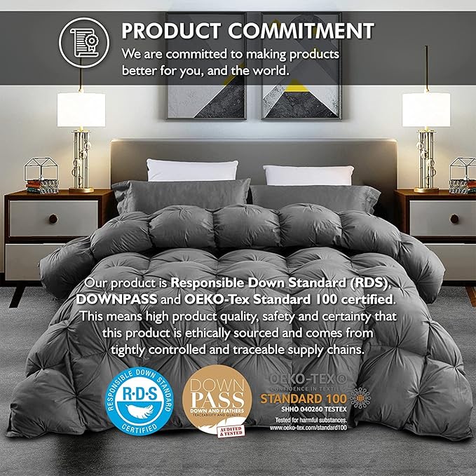 Luxurious King/California King Goose Down Comforter, Unique Gray Pinch Pleat, 600 Thread Count, 100% Egyptian Cotton Cover, 75 Oz Fill Weight, 750 Fill Power