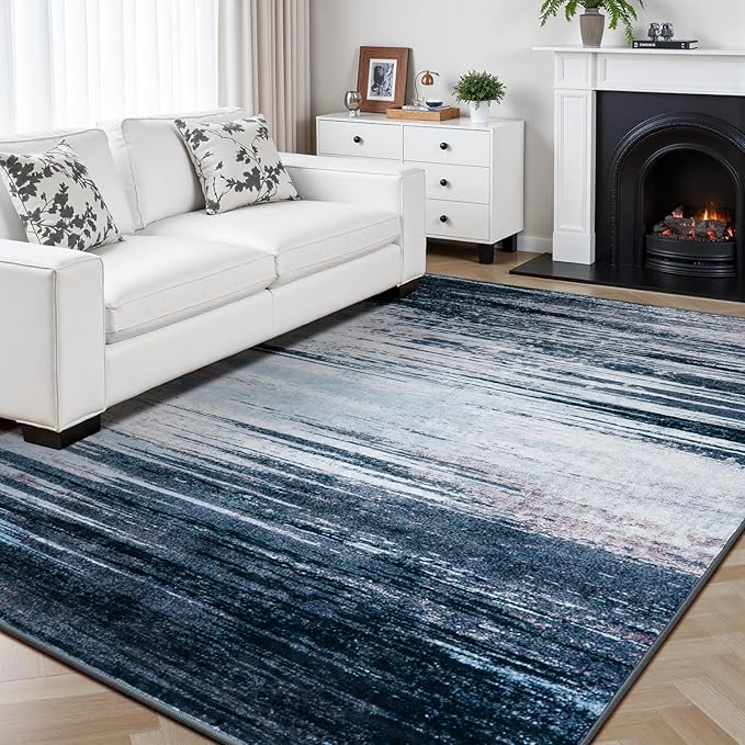 Rugflix 8x10 Large Area Rug for Living Room, Washable Low Pile Carpet Non Slip, Soft Stain Resistant Blue Grey Indoor Rug for Bedroom, Dining Room, Home Office