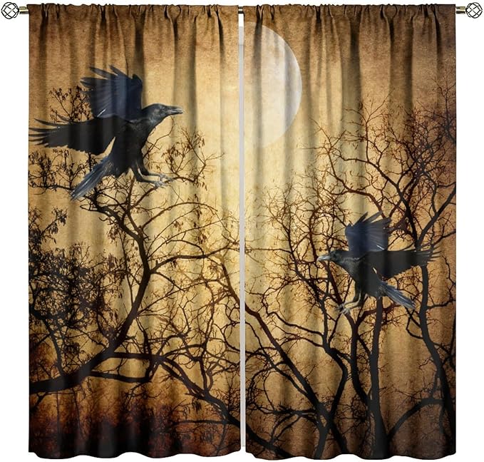 Gothic Crows Blackout Curtains, Vintage Misty Tree Dead Woodland Raven Black Crow Moonlight Retro Window Drapes, for Living Room Bedroom 31.5(W)*63(L) 2 Panels