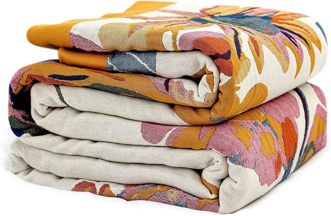 Boho Throw Blanket 100% Cotton Ultra Soft Bed Throw Large Fall Blanket Floral Bird and Butterfly Farmhouse Decor Bed Blankets,60"×80" All Season Blankets for Sofa Couch Chair
