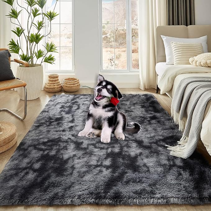 Floralux Shag Rug 5x7 for Living Room, Tie-Dyed Dark Grey, Soft Fluffy Area Rug, High-Pile Plush Indoor Carpets for Bedroom, Playroom, Nursery, Home Decor