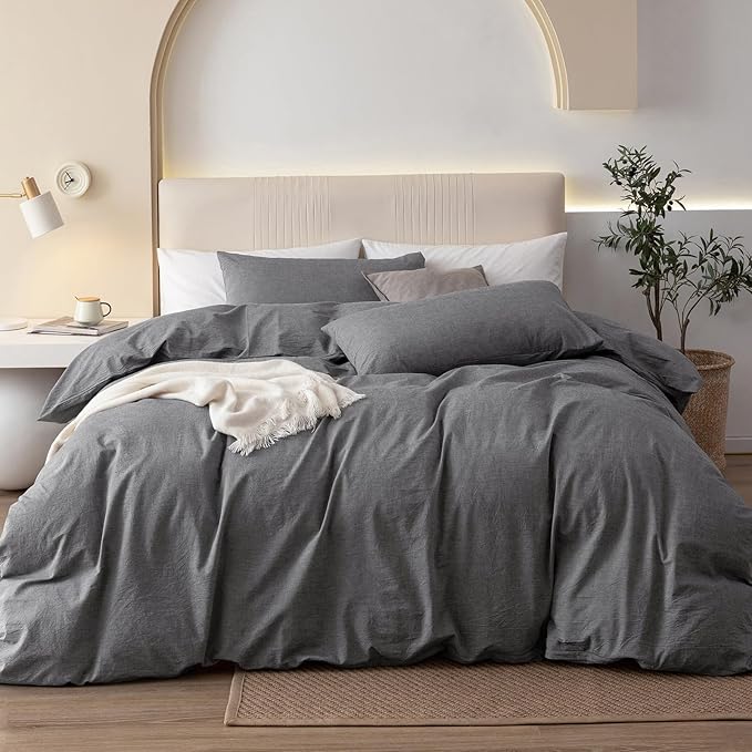 JIYUAN 100% Washed Cotton Duvet Cover Set 3 PCS Oversized King Plus, 1 Duvet Cover 128"x120"(Comforter Not Included) and 2 Pillowcases,Linen Feel Bedding Set Comfy and Breathable,Heathered Dark Grey