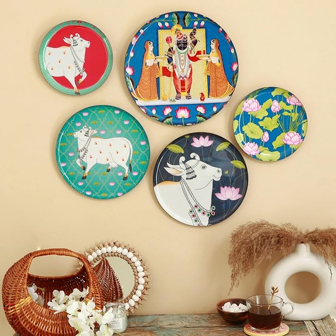 RITUALISTIC Pichwai Iron Wall Art Plates – Set of 5 Decorative Plates | Indian Wall Art for Home Decor | Wall Decor for Living Room & Bedroom | Handcrafted Metal Wall Hanging | Christmas gifts