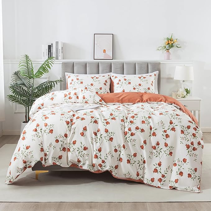 HoneiLife Fruits Duvet Cover Queen - 100% Cotton Comforter Cover 3-PC, Botanical Bedlinen Set with Zipper Closure & Corner Ties, Pomegranate Comforter Cover Sets