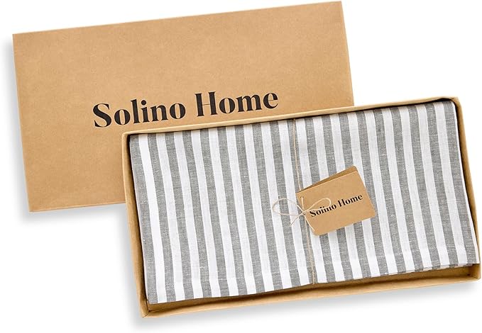 Solino Home Square Tablecloth 52 x 52 Inch - Amalfi Stripe, 100% Pure Linen Grey and White Table Throw - Machine Washable Tablecloth for Fall, Autumn