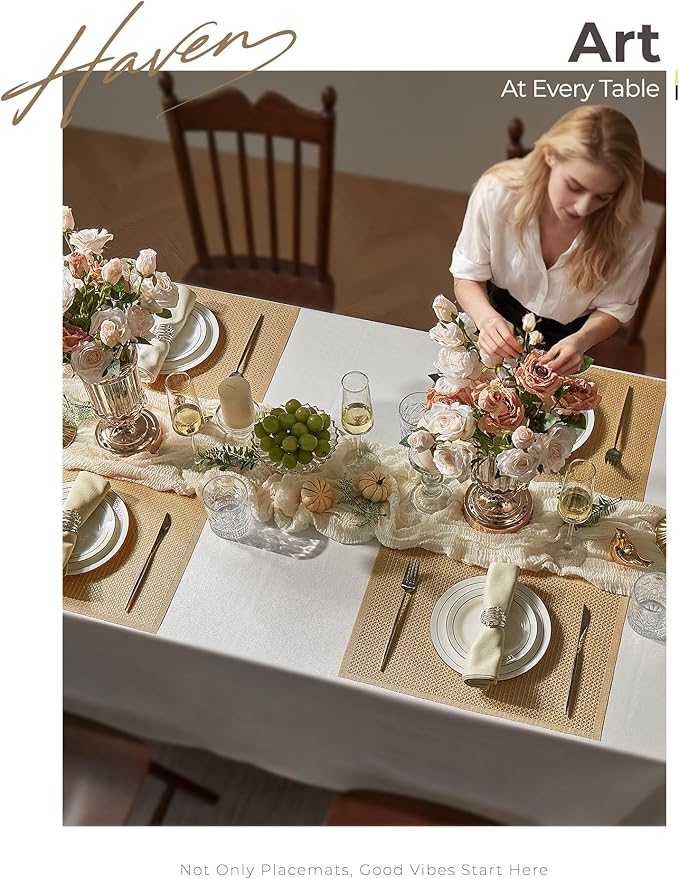 Leetaltree Luxury Gold Sequin Placemats Set of 8 - Waterproof Washable for Wedding, Anniversary, Daily Use - Sparkling Table Decor - Hand-Cut