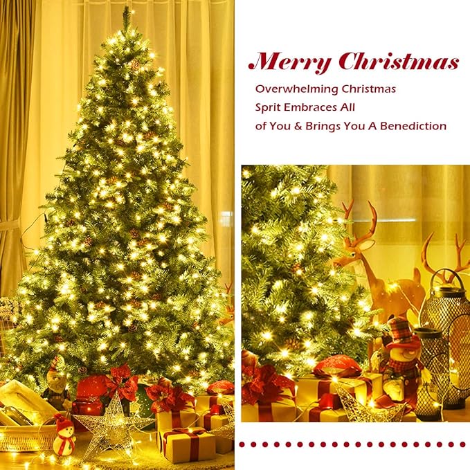 GOFLAME 7.5ft Artificial Pre-lit Christmas Tree with Warm White LED Lights and Pine Cones, Home Holiday Décor, Hinged, 1125 Branches for Indoor Decoration, Easy Setup