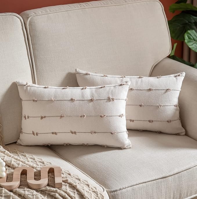 Caflife Boho Throw Pillow Covers 12x20 inches Beige and Natural, Set of 2 Modern Farmhouse Decorative Pillow Covers for Couch Bed, Living Room