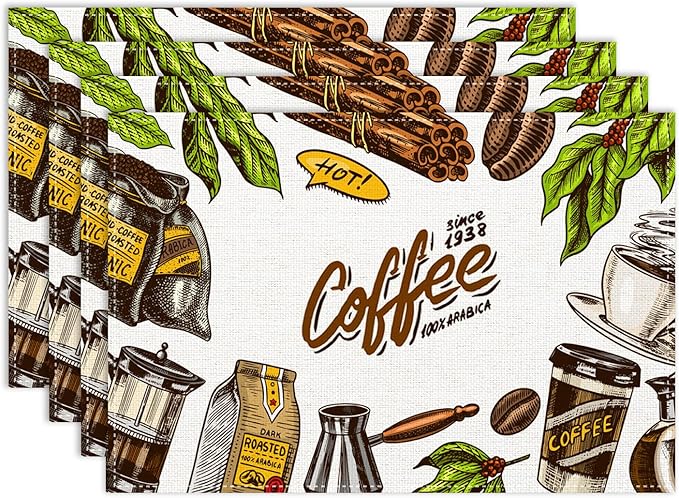 Coffee Time Placemat Set of 6, 12x18 Inch Rustic Coffee Cup Theme Beans Retro Vintage Farmhouse Washable Heat Resistant Table Mats for Outdoor Farmhouse Kitchen Dining Decor