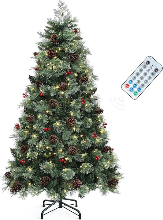 YITAHOME 6ft Prelit Carolina Pine Christmas Tree with Remote, Artificial Green Hinged Christmas Tree w/ 720 Mixed Tips & Pine-Needles, 36 Pinecones, 30 Red Berries, 300 Lights & 11 Modes