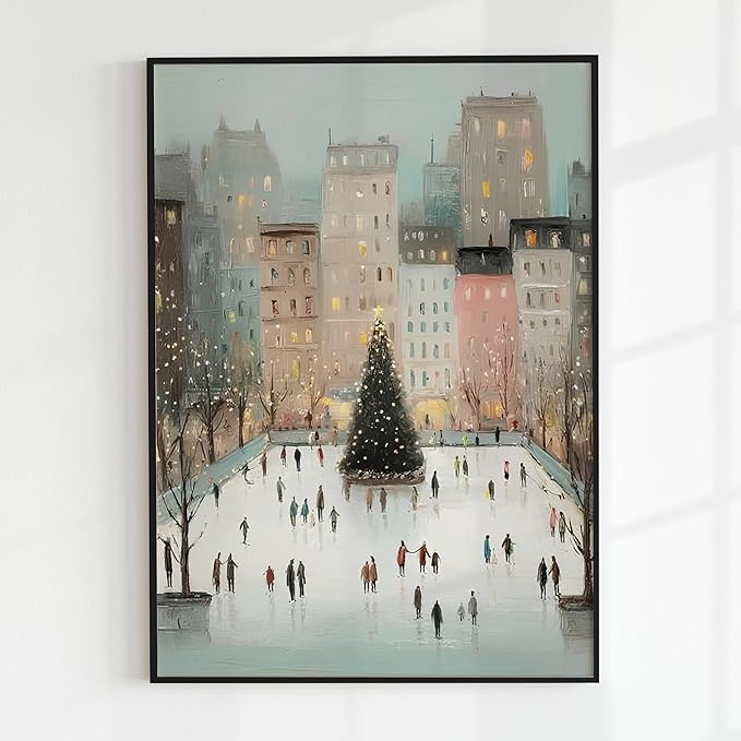 OZCONO Christmas Cityscape Wall Art, Retro Christmas Pastel Tone Decor, Whimsical Snowy Village Poster, Idea for Noel Season, Skating Scene Artwork (Unframed) (12x18)