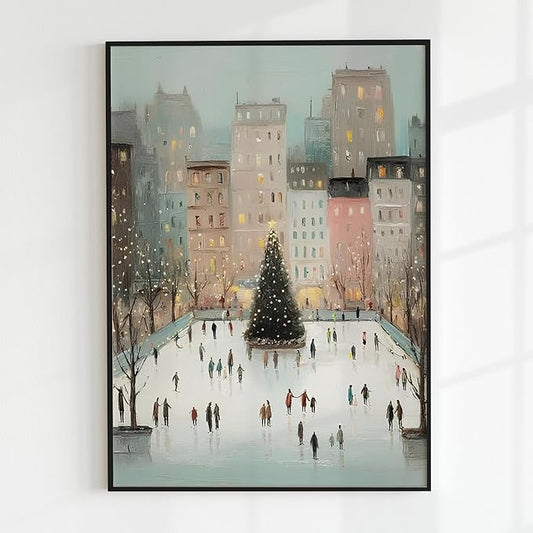 OZCONO Christmas Cityscape Wall Art, Retro Christmas Pastel Tone Decor, Whimsical Snowy Village Poster, Idea for Noel Season, Skating Scene Artwork (Unframed) (9x11)